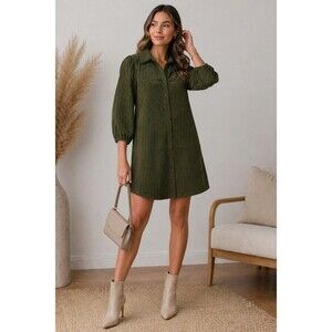 7 For All Mankind Olive Corduroy Shirt Dress Puff Sleeve Button Front Women M